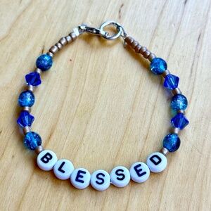 BLESSED Letter Beaded Bracelet 2 shades of blue and golden